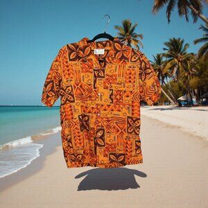 Hawaiian Holiday by Towncraft Shirt Loop Collar Orange Tribal Print JC Penneys